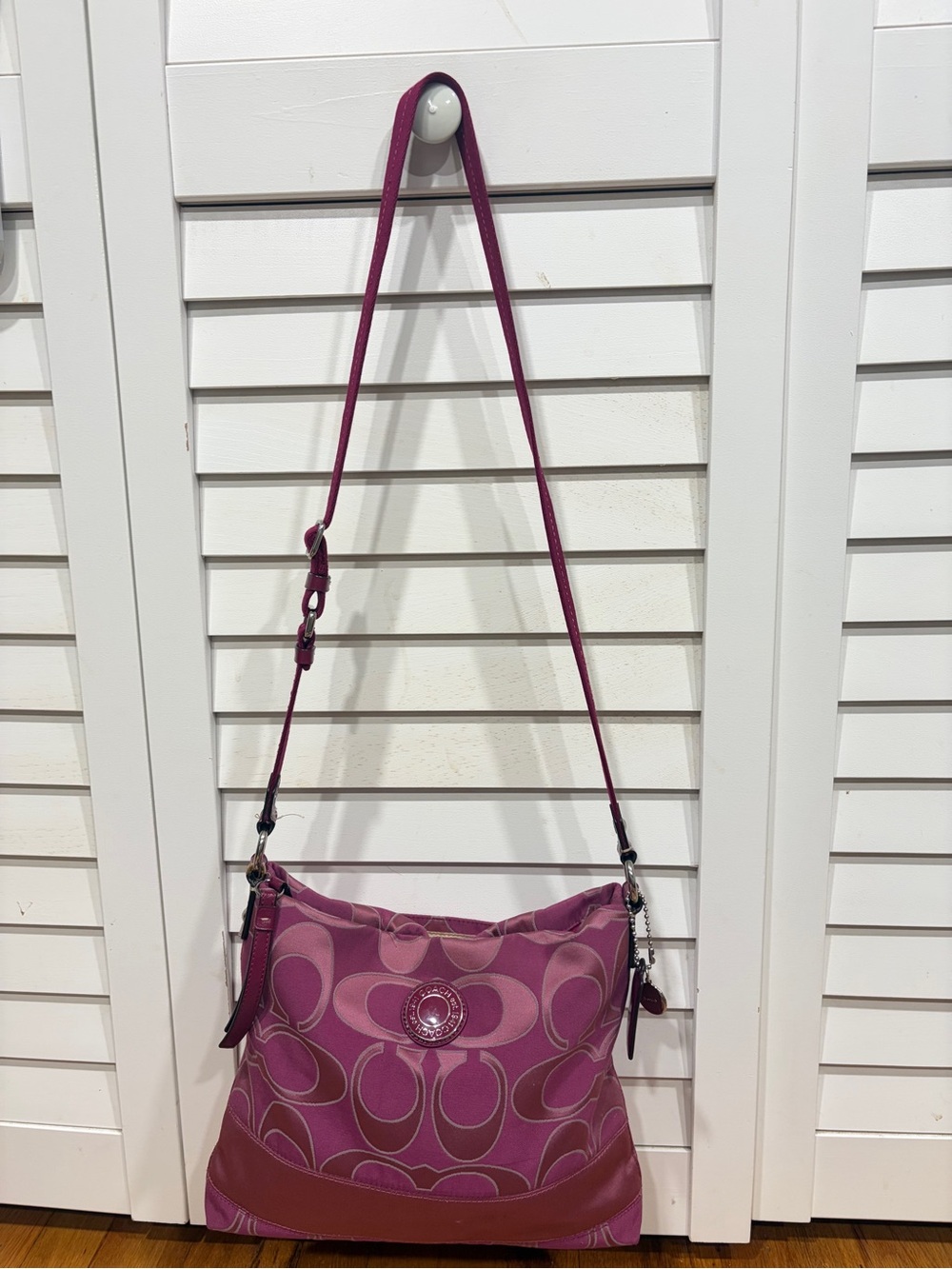 Coach Pink Signature Canvas Shoulder Bag with Leather Trim